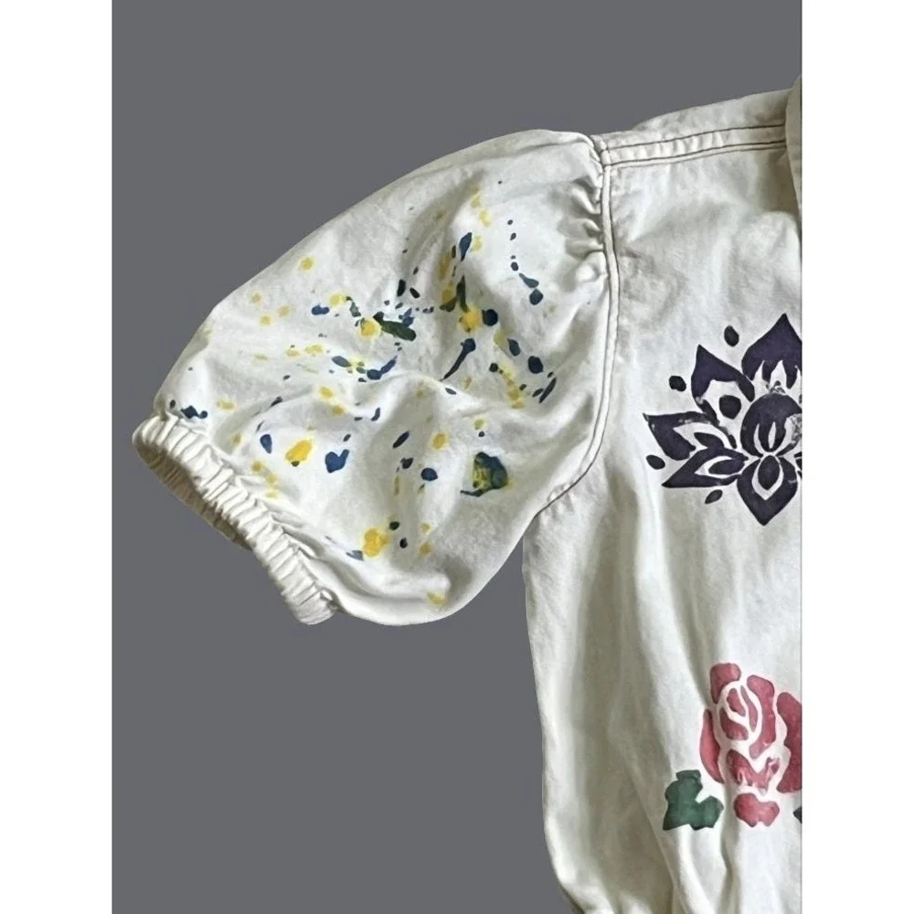 HAND PAINTED Ivory Cotton Romper Shorts Graffiti Art-To-Wear SHORTALLS Girls 8